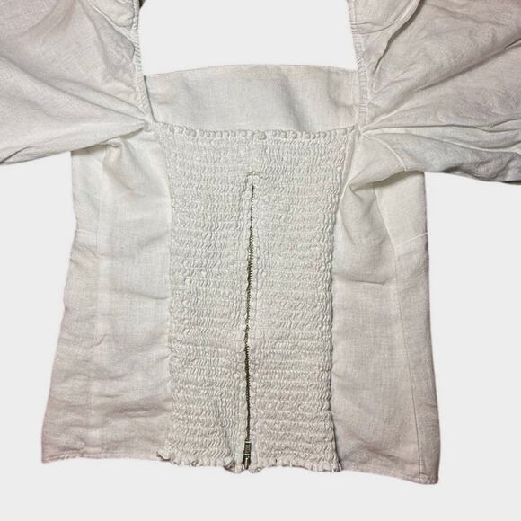Reformation Aracini White Linen Puff Sleeve Smocked Zipper Back Top Size 6 - Picture 4 of 12